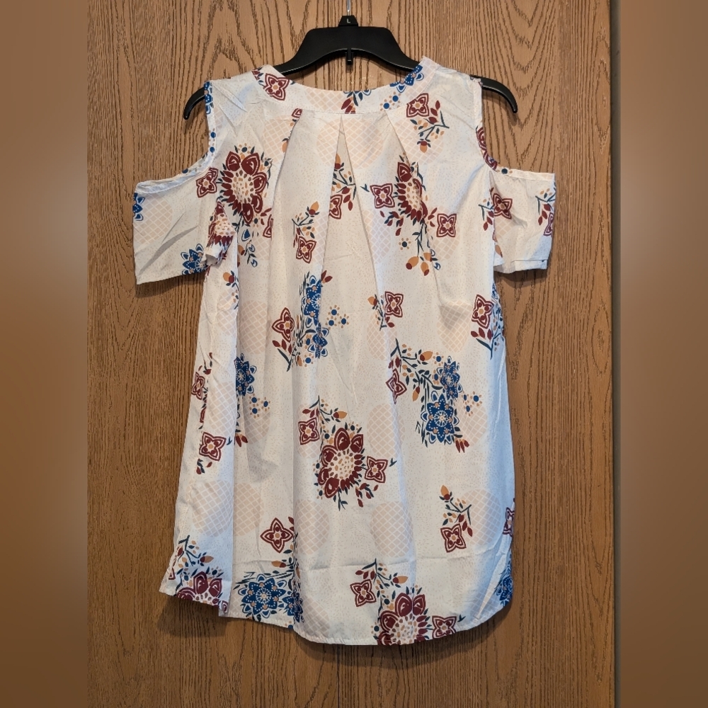 Cold Shoulder White Blouse With Blue & Brick Red Floral Design